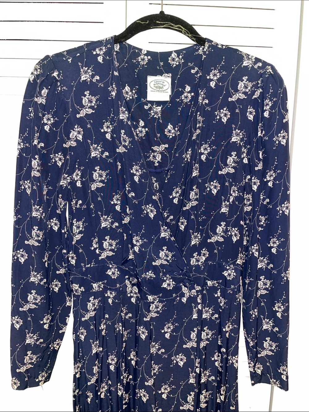 Vintage 80s Laura Ashley Navy & Cream Floral Long Sleeve Faux Wrap Dress Sz 10 - Picture 10 of 11
